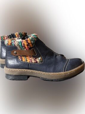 Rieker Women’s Navy Ankle Boots with Multicolor Knit Collar Size 39 EU